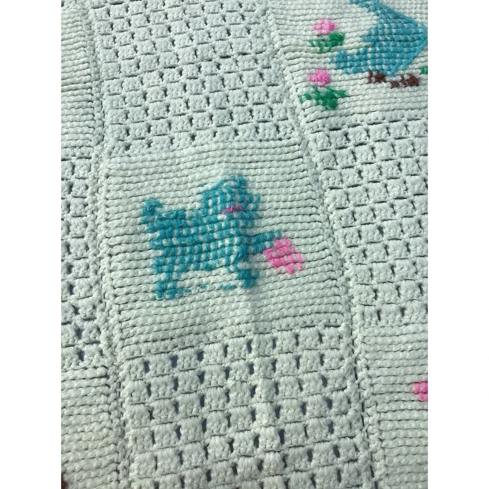 Vintage Crochet Baby Blanket Afghan Throw White Blocks Squares Animals Handmade